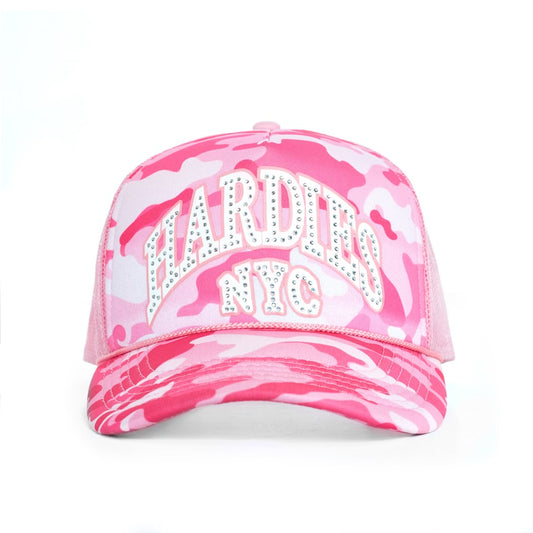 NYC Rhinestone Pre Curve Trucker Hat - Pink Camo