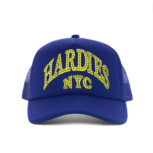 NYC Rhinestone Pre Curve Trucker Hat - Purple/Gold