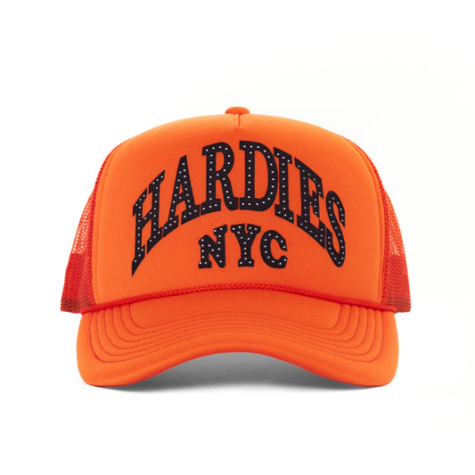 NYC Rhinestone Pre Curve Trucker Hat - Orange