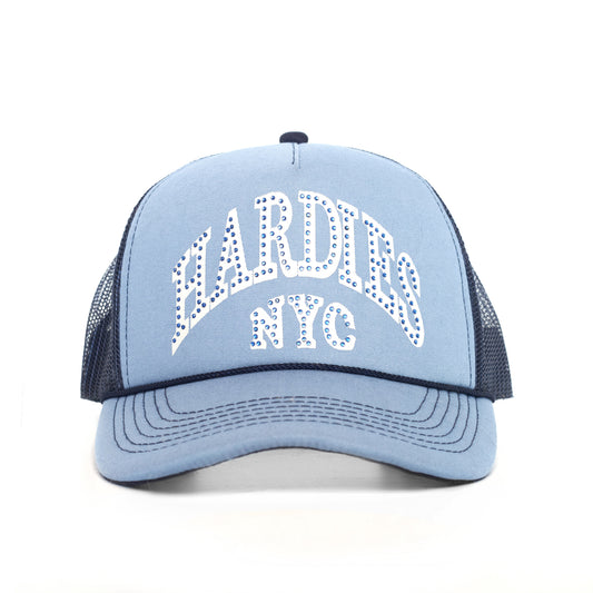 NYC Rhinestone Pre Curve Trucker Hat - Ice Blue