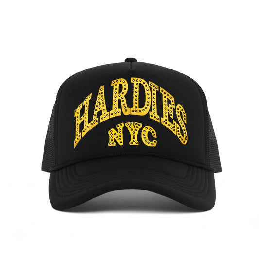 NYC Rhinestone Pre Curve Trucker Hat - Black/Gold