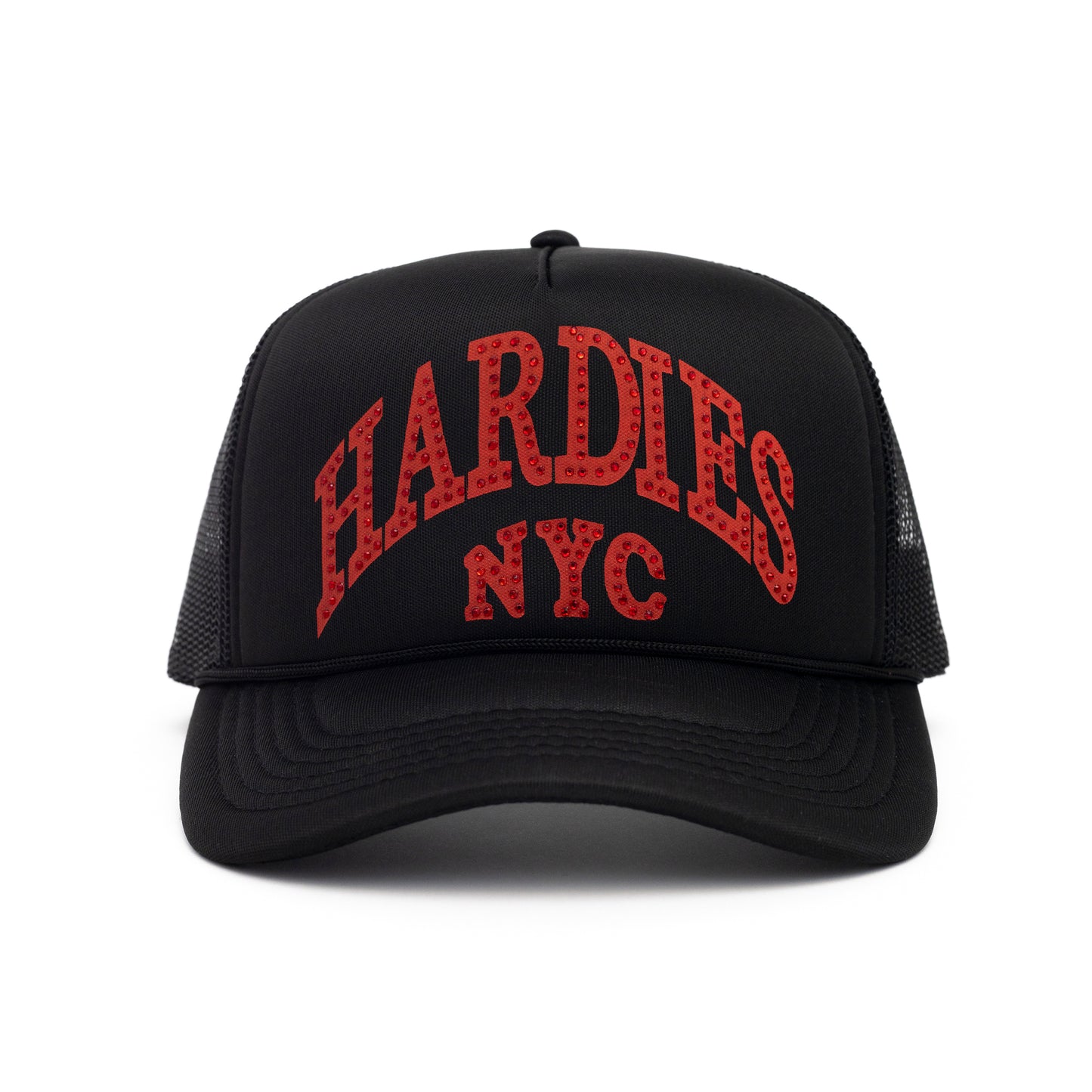 NYC Rhinestone Pre Curve Trucker Hat - Black/Red