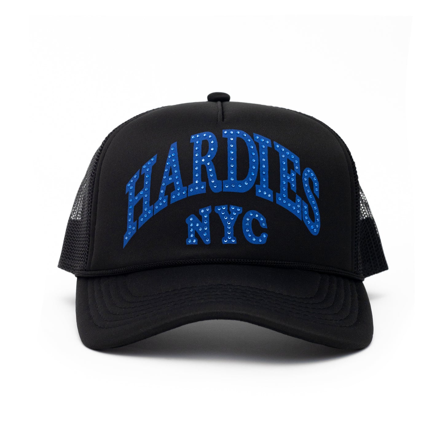 NYC Rhinestone Pre Curve Trucker Hat - Black/Blue